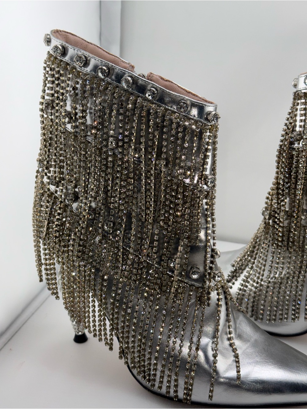 AZALEA WANG Silver Embellished Pointed-Toe Ankle Boots - Picture 4 of 11